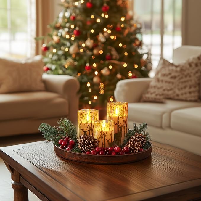 Homemory Christmas Flickering Flameless Candles with Remote Timer, Gold Deer Battery Operated Candles, Glass Real Wax LED Pillar Candles for Home Holiday Decor, Set of 3