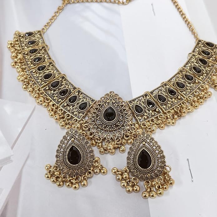 Indian Wedding Bridal Traditional Bohemian Jewellery Set for Women Girls Antique Oxidized Ethnic Party Prom Wear Statement Necklace Earring Tassel Bollywood Choker Punk Crystal Fashion Gift for Bride