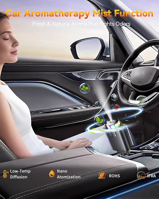 Retractable Car Charger with Air Freshener Diffuser & Star Lights,Multi Port Cigarette Lighter Adapter for iPhone Car Phone Charger USB-C/Type-C Fast Charging with 2 Retractable Cable (Black)