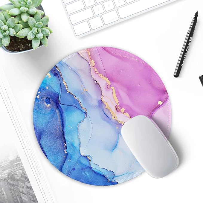 ITNRSIIET Round Mouse Pad with Stitched Edge Premium-Textured Waterproof Non-Slip Rubber Base Desktop Protection Mat Diameter 8.7 inches, Blue Purple Marble Art