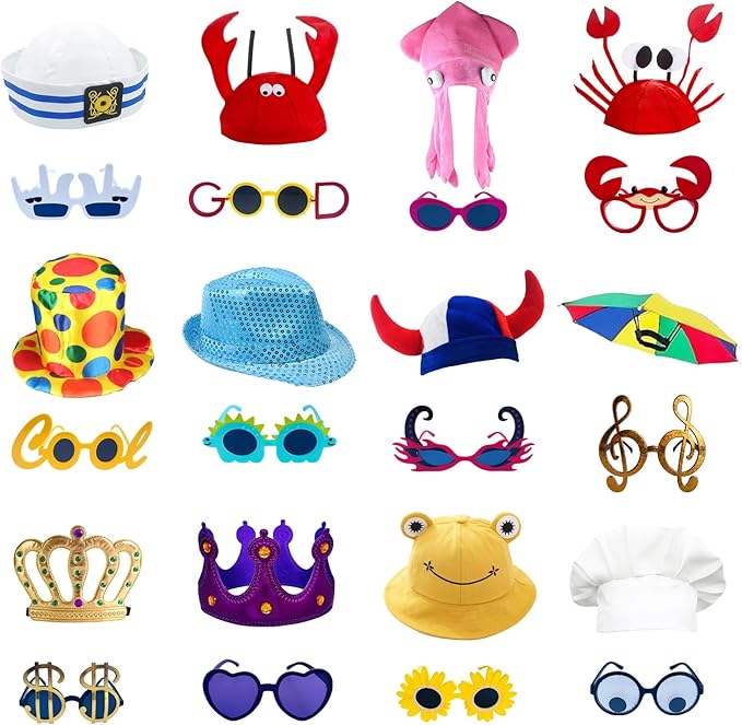 24 Funny Hats and Glasses For Photo Booth Props, 12 Assorted Crazy Party Hats, 12 Funny Party Sunglasses, Novelty Hat, Dress Up Costume Hat Accessories, Silly Hats & Novelty Glasses for Adults Teens