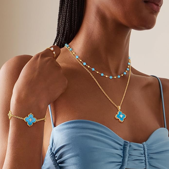 FETERO Gold Bracelets for Women Trendy, Dainty 14K Gold Plated Charm Clover Bracelet 2 Sided Lucky Pendant Cute Pearl Beaded Bracelets Link Chain Waterproof Womens Jewelry Gifts