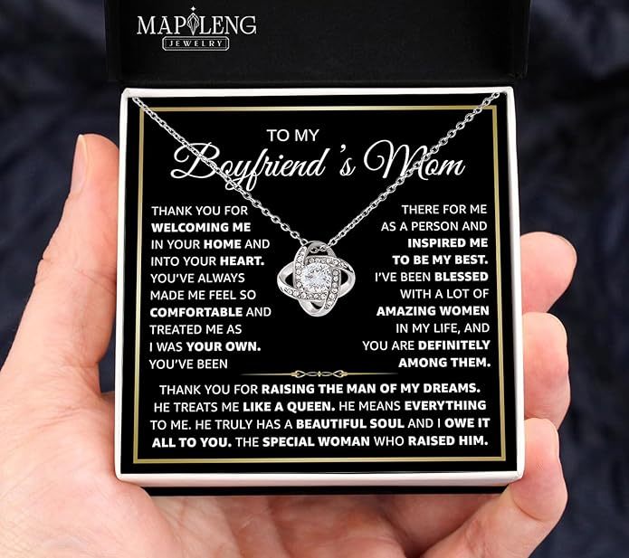 To My Boyfriend's Mom Love Knot Necklace, Elegant Jewelry Gift From Girlfriend, Meaningful Mothers Day Surprise, Birthday Christmas Keepsake With Heartfelt Message