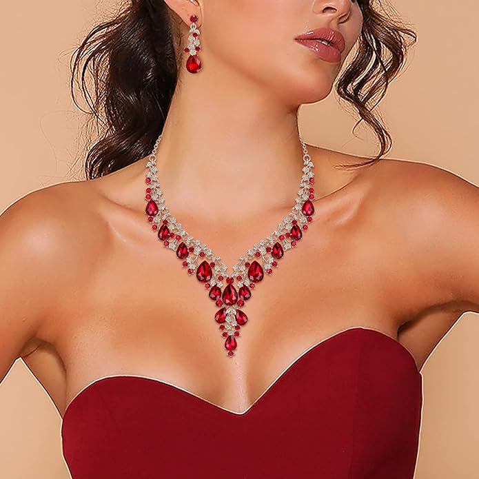 BriLove Women's Wedding Bridal Austrian Crystal Teardrop Flower Cluster Statement Necklace Dangle Earrings Jewelry Set for Party Prom