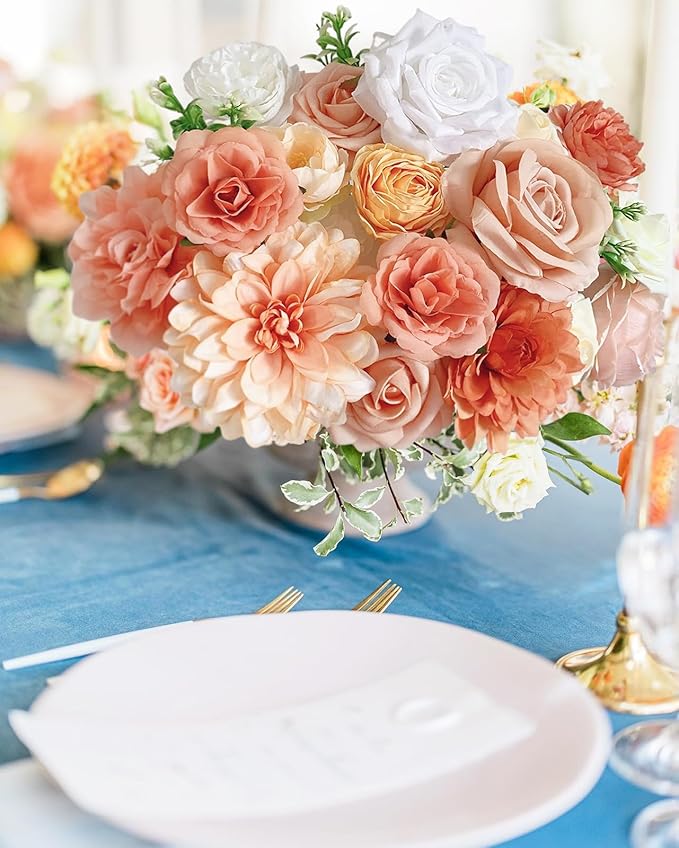 Roses Artificial Flowers Orange Fake Flower with Stems for DIY Wedding Bouquets Bridal Baby Shower Centerpiece Table Decorations Silk Faux Floral Arrangements for Party Home Decor Indoor Peach