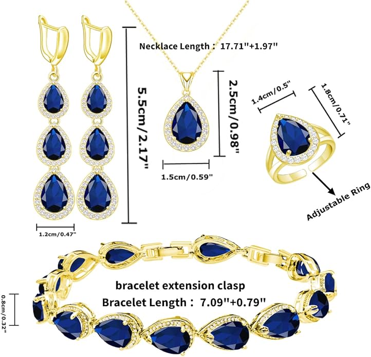 LMXXVJ Necklace Long Earrings Bracelet Set, White Gold Plated Created Blue Sapphire Jewelry Set Wedding Party Gift Jewelry for Women Bridal Bridesmaid