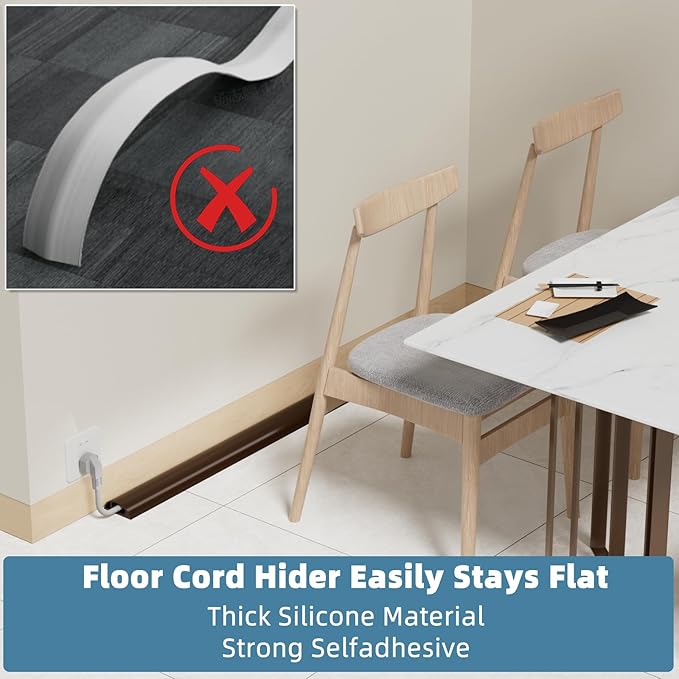 6ft Side Buckle Floor Cord Cover for Wires, Selfadhesive Extension Cord Hider Easy Floor Cable Management Prevent Cable Trips,Silicone Floor Wire Covers for Cords, Cable Protector Cord Cavity（Brown）
