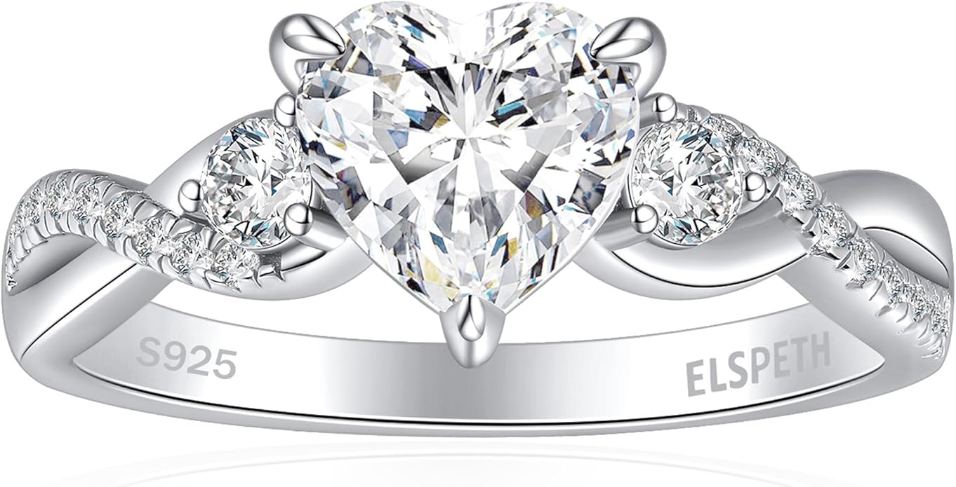 Elspeth 925 Sterling Silver Heart Engagement Ring for Women Heart Cut Cubic Zirconia Promise Ring Size 4-10