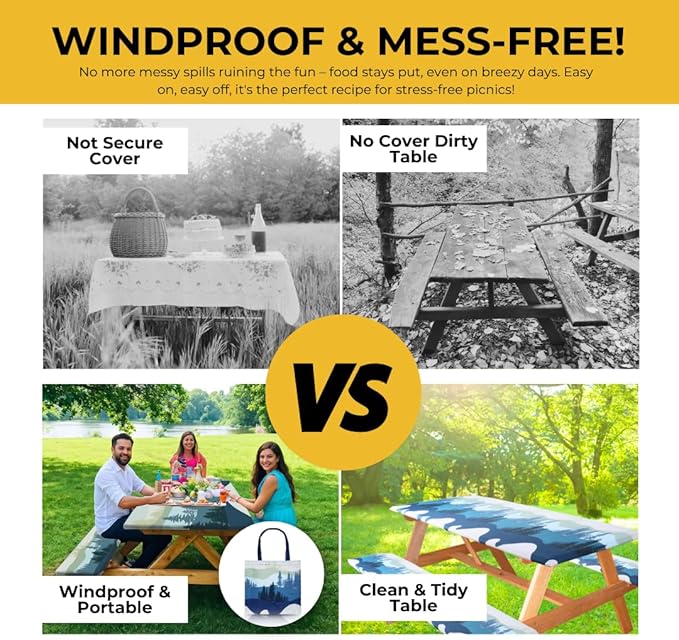 RNOONY 6ft Polyester Picnic Table Cover with Bench Covers Windproof & Waterproof Tablecloth, Perfect for Camping Gifts & RV Essentials, Cool Camping Gadgets, with Carrying Bag, 72x30 Inches, 4Pcs,Blue