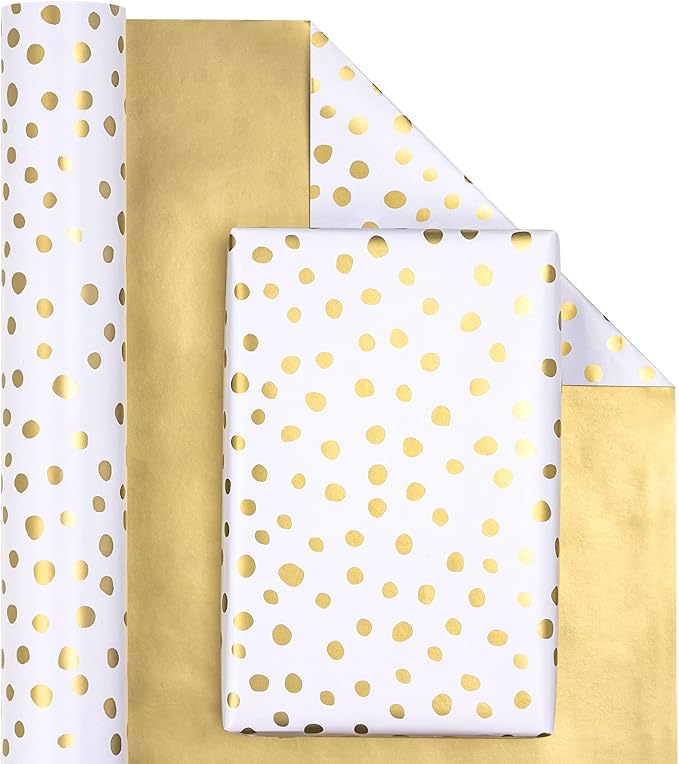 WRAPAHOLIC Reversible Wrapping Paper - Mini Roll - 30 Inch x 33 Feet - Gold Print and Delicate Polka Dot Wrapping Paper for Birthday, Holiday, Wedding, Baby Shower