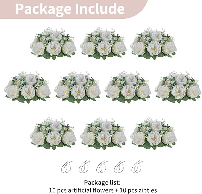 NUPTIO Artificial Flowers Ball Centerpieces: 10 Pcs 9.8 Inch Diameter Fake Kissing Rose Floral Balls for Wedding Party Bridal Shower Valentine Home - White Bouquet Arrangement Decorations for Table