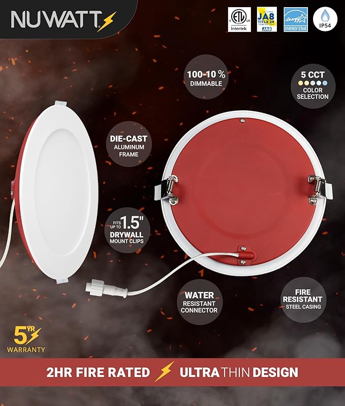NUWATT 2 Hour Fire Rated Recessed Lighting 6 Inch Wafer LED Lights, 2700K/3000K/3500K/4000K/5000K Selectable, Dimmable 1200LM, 15W, Wet & IC Rated, 90 CRI Canless Light, No Tenmat Needed, ETL, 6 Pack
