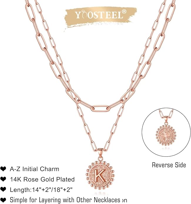 Yoosteel Valentines Gifts for Women Her - Gold Layered Initial Necklaces for Women 14K Gold Plated Dainty Layering Paperclip Link Chain Necklace Coin Initial Necklace Birthday Gifts for Teen Girls