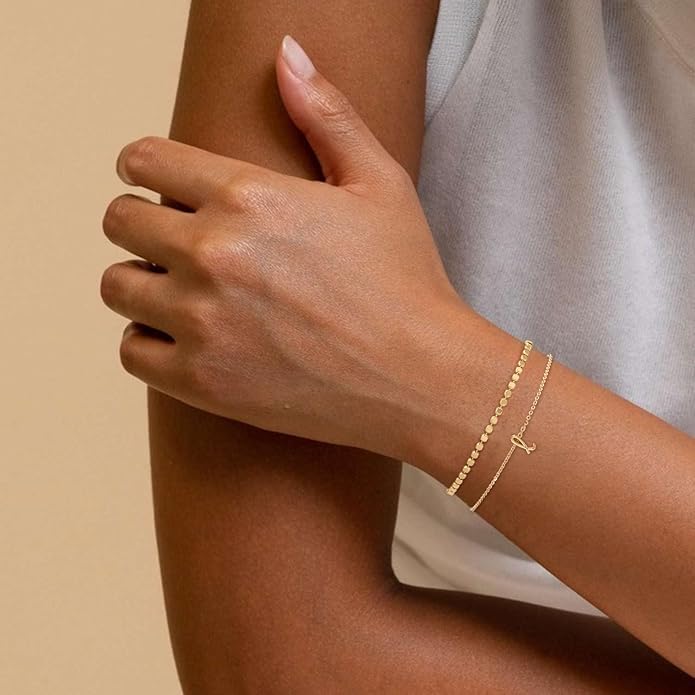 Initial Bracelets for Women, Dainty 14K Gold Plated Layered Letter Bracelet, Trendy Charm Stackable Jewelry Valentines Day Gift for Her