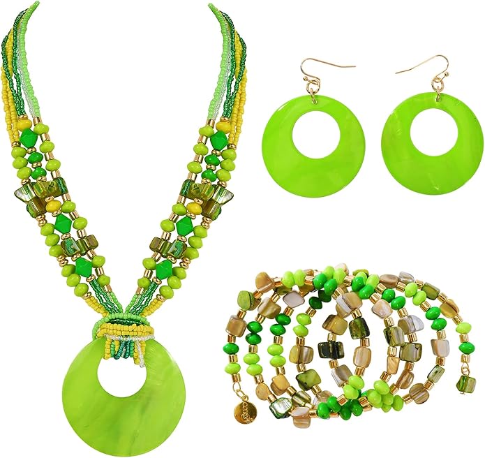 Jewelry Sets for Women 4 Pcs Chunky Beaded Mrs Roper Costume Jewelry for Women Boho Multi Strand Colorful Shell Necklace for Women