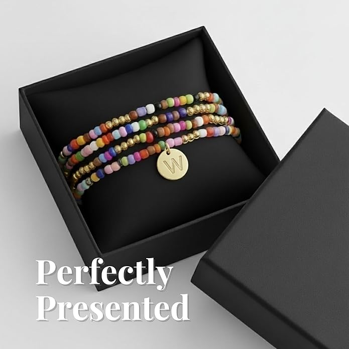 Set of 4 Colorful Bead Initial Bracelets, Personalized Stackable Jewelry, Adjustable Stretchy Charm Bracelets for Women, Beaded Bracelet Set, Trendy Custom Jewelry Gift