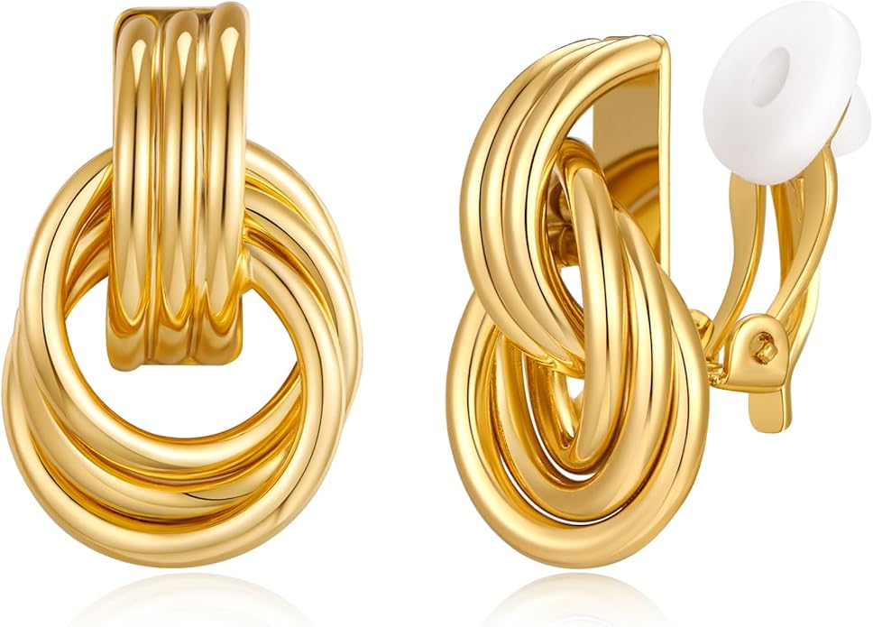 Clip on Earrings for Women 14K Gold Plated Geometric Knot Non Pierced Ear Clips Lightweight Trendy Hypoallergenic No Piercing Jewelry Gifts