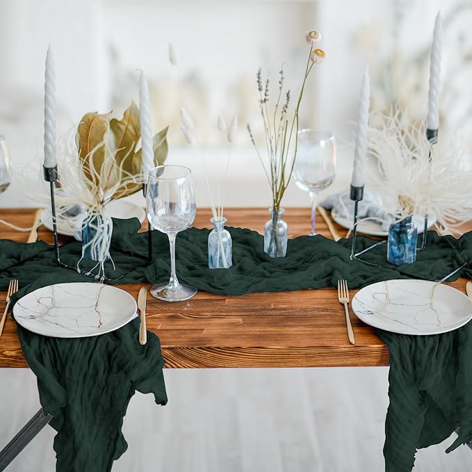 Cheesecloth Table Runner 3 Pack – 35x120 Inch (10ft) Boho Rustic Gauze Cloth Runners – Crinkle Polyester Table Decor for Wedding, Baby Shower, Bridal Shower, Birthday Party and More (Emerald Green)