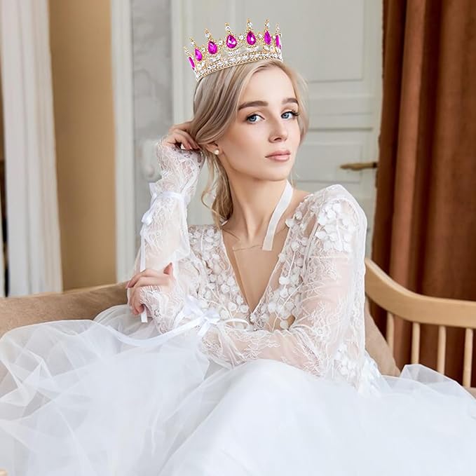 Hot Pink Queen Crown for Women Crystal Tiara for Girl Rhinestone Wedding Headband for Bride Hair Accessories for Costume Birthday Party Prom Gifts