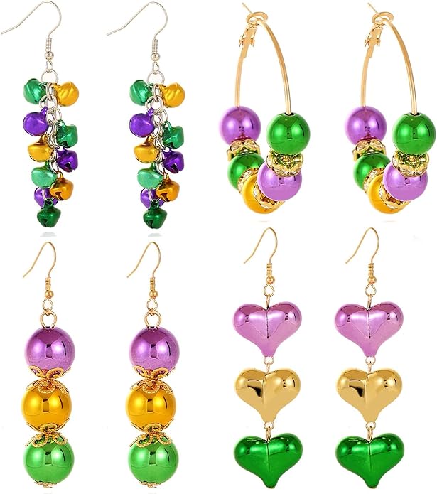 4 Pairs Mardi Gras Earrings Set Carnival Dangle Drop Earrings Purple Green Yellow Round Heart Beaded Party Festival Jewelry for Women