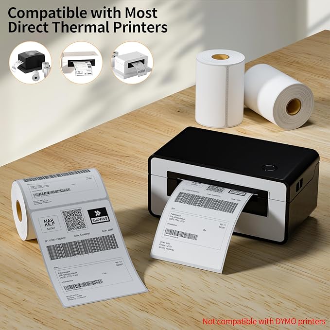 6 Rolls 4" x 6" Direct Thermal Printer Label, 250 Labels/Roll, Total 1500 Thermal Shipping Labels, Strong Adhesive, Commercial Grade, Perforated, Compatible with Most Thermal Printers (NOT for DYMO)