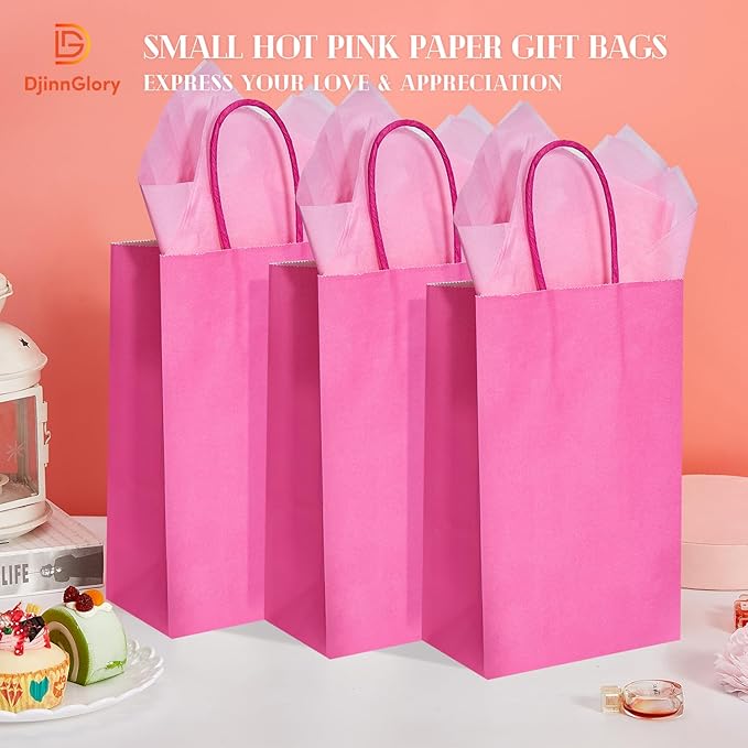 DjinnGlory 100 Pack Small Hot Pink Paper Gift Bags with Handles 9x5.5x3.15 Inch for Small Business, Weddings, Bridal Showers, Themed Birthday Party Goodies Favors