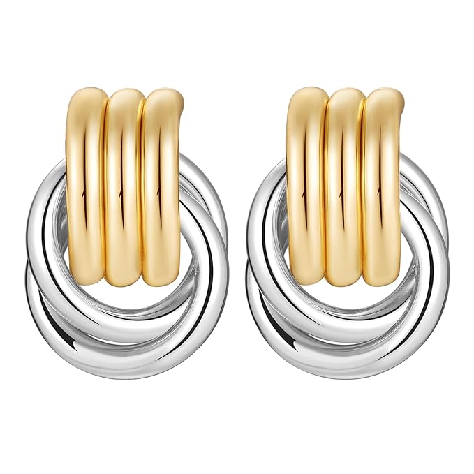 Circle Knot Link Earrings for Women, Silver and Yellow Drop Dangle Geometric Knot Studs, Women's Jewelry L Size