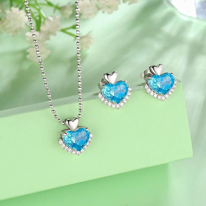 Love Heart Necklaces and Earrings with Rose Cut Birthstone Silver Plated Elegant Jewelry Set for Women CS0002