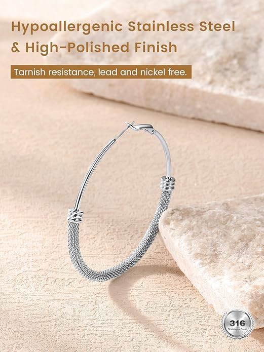KeyStyle Mesh Hoop Earrings for Women, Stainless Steel Gold Hoops Earring Lightweight Loops, 2MM Thick Hypoallergenic Circle Endless Hollow Hoop 20mm-80mm