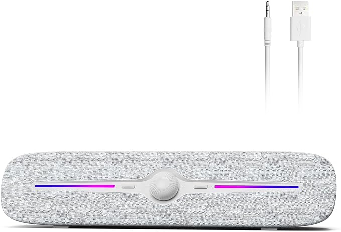 SOULION R90 Bluetooth Computer Speakers for Desktop, USB Powered 3.5mm AUX PC Speakers with LED Dynamic Light, Portable Soundbar Speaker with Rotary Volume Control for Laptop Monitor, White