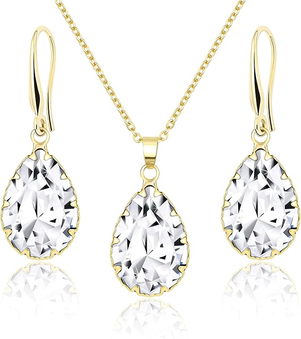 Linawe Crystal Jewelry Sets for Women, Imitation Diamond Pendant Necklace, Rhinestone Drop Dangle Earrings, Birthstone Cubic Zirconia Matching Wedding Jewelry, 14K Gold/Rose Gold/Silver Tones