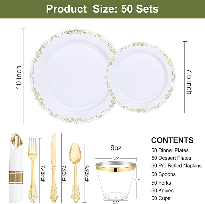 U-QE 350PCS Gold Plastic Plates - Disposable Dinnerware Set for 50 Guests - White and Gold Plates and Napkins Party Supplies include 100 Plate, 150 Silverware, 50 Cups, 50 Napkins for Weddings&Party
