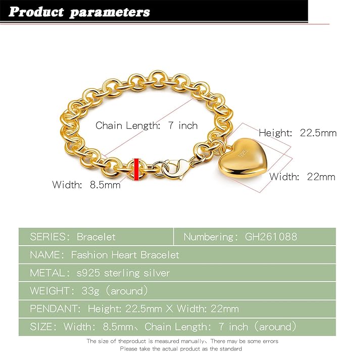 Dankadi Women 925 Sterling Silver Round Cable Wire Link Bracelet Charm Heart-Bell-Square-Circle Pendant Chain Bangle Fine Jewelry Gift For Wife Her