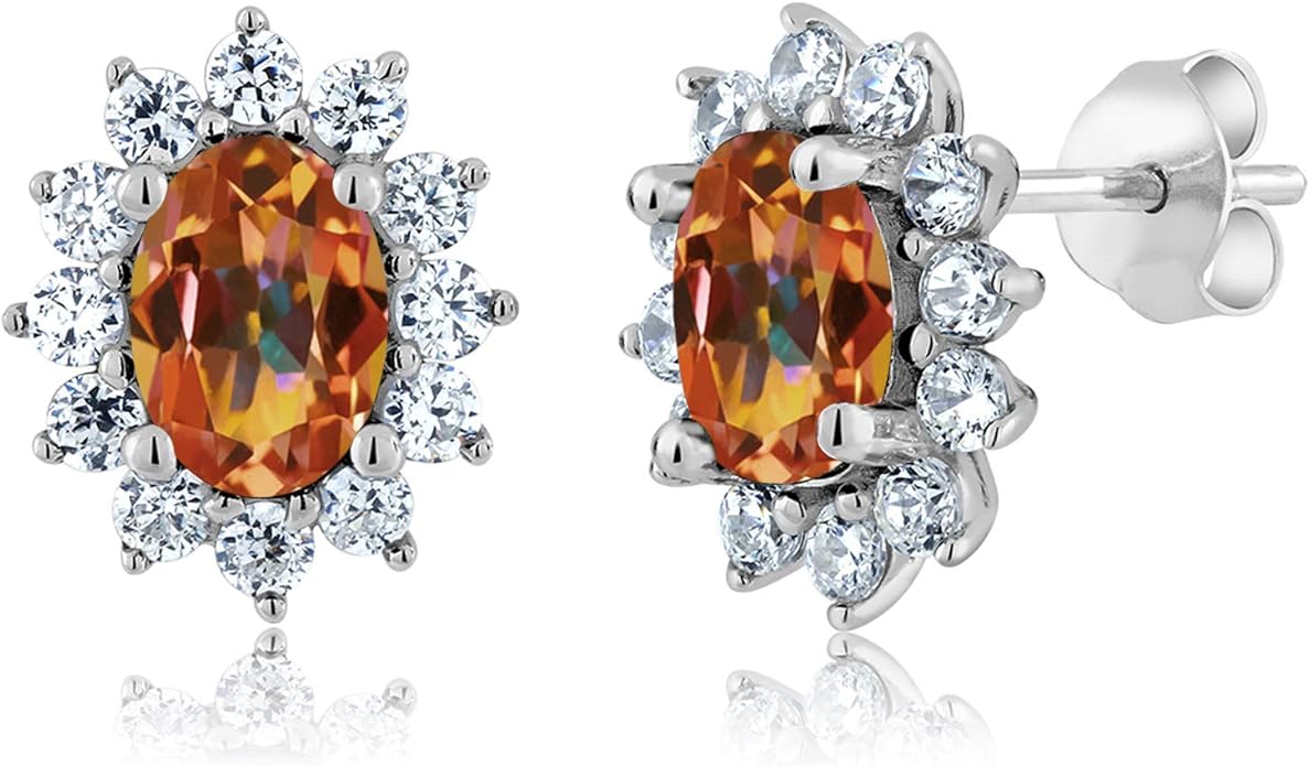 Gem Stone King 7X5MM Oval Gemstone Birthstone Stud Earrings For Women | Princess Diana Royal Halo Style | 925 Sterling Silver | Fine Jewelry Gifts for Anniversary Wedding Her Mom Women Wife