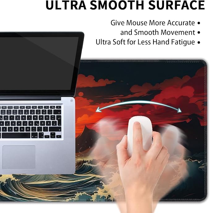 Japanese Sea Wave Large Mouse Pad,Gaming Keyboard Desk Pad,Extended Mouse Mat Non-Slip Rubber Base with Stitched Edges for Office Game Home XL 31.5"x11.8"