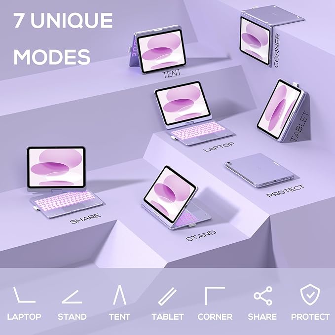 typecase Touch iPad 10th Generation Case with Keyboard (10.9", 2022) and iPad A16 (11th Gen, 2025) – 360° Rotatable, 11-Color Backlit, Multi-Touch Trackpad, Thin & Light (Light Purple)