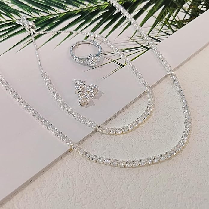 Tennis Necklace Bracelet for Women, Dainty Sterling Sliver Choker Necklace Crystal Link Bracelet Stud Earrings for Women Wedding Jewelry for Bride Jewelry Set Accessories