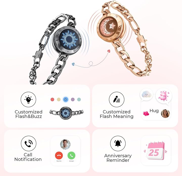 TOTWOO Long Distance Touch Bracelets for Couples, Smart Light & Vibration Love Jewelry, Long Distance Valentines Day Gifts for Him Her Women Men, One-to-One Bluetooth Pairing via App