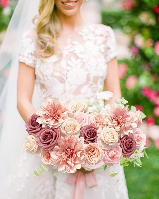 Pink Roses Artificial Flowers Fake Flower Bulk for DIY Wedding Bouquet Bridal Baby Shower Centerpiece Table Decorations Silk Faux Floral Arrangements for Party Home Decor Indoor Dusty Blush