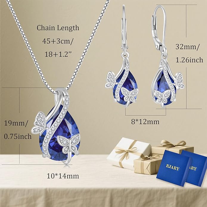 Butterfly Jewelry Sets for Women 925 Sterling Silver Birthstone Tanzanite Earrings and Necklace Set