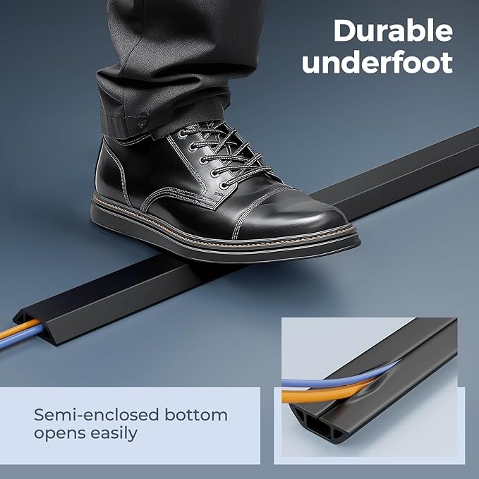 Yecaye 4ft Floor Cord Cover, Cord Covers for Wires on Floor, Floor Cable Mangament, Cable Protector for Organizing and Protecting Wires on Floor, Cord Hider Cable Cavity W0.55in H0.27in Black