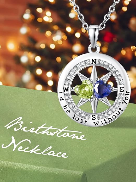 Compass Necklace for Women, Exquisite S925 Valentines Day Anniversary Birthday Gifts for Wife Her Double Birthstone Pendant Jewelry ‘I'd be Lost Without You’
