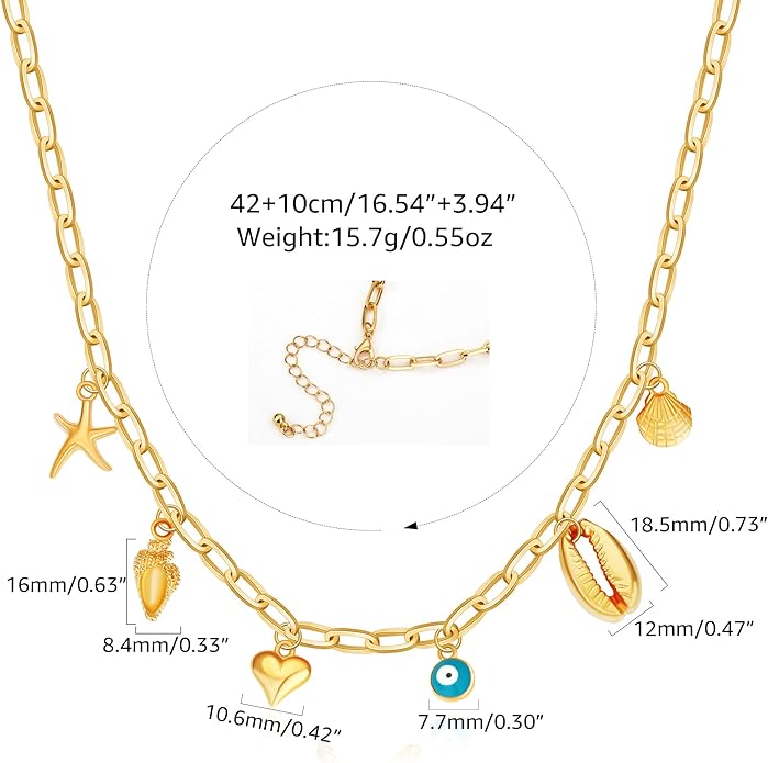 MISS RIGHT Dainty Gold Evil Eye Hamsa Hand Coin Lucky Charm Pendant Necklace for Women Trendy Vintage Paperclip Chain Sun Moon Clover Flower Chunky Charm Necklace Jewelry Gifts