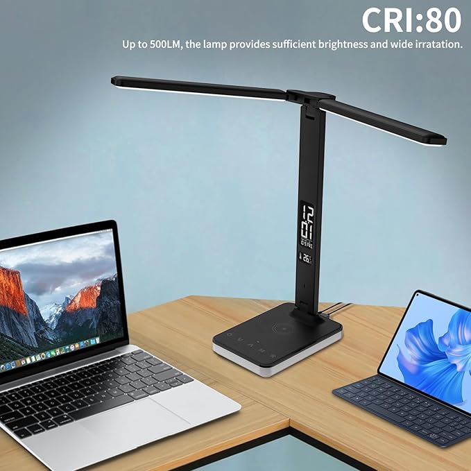 LED Desk Lamp with Charger, USB Charging Port, Dual Swing Arm Desk Light with 5 Brightness, 3 Colors, Table Lamp with Clock, Alarm, Date, Temperature, Desk Lamp for Home Office Study (Black)