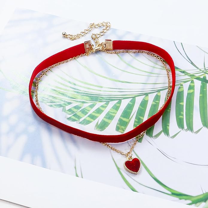Heart Necklace Valentines Day Gifts for Her, Black Heart Choker Necklace Red Ribbon Choker Love Jewelry as New Year Gifts, Red Velvet Chocker Vintage Jewelry as Birthday Gift for Women