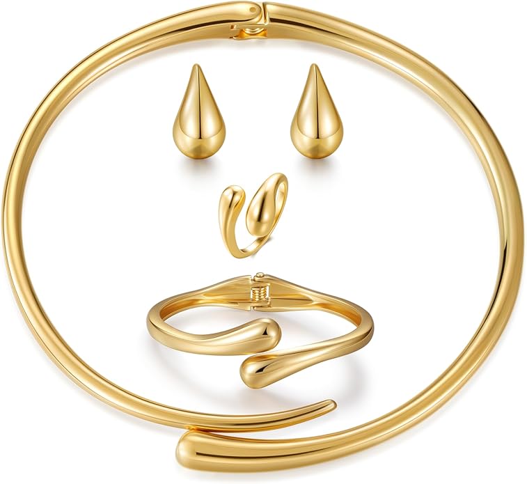 4 Pcs Statement Jewelry Set for Women – 18K Gold Plated Teardrop Necklace, Gold Drop Earrings, Bold Rings & Cuff Bracelets, Elegant Jewelry Gifts for Women