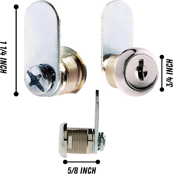 Cabinet Cam Lock - 5/8" Pack of 4 Cabinet Locks with Keys for RVs, Drawer Lock Including 4 Cylinder Round Face Tool Box Locks, 4 Straight & 4 Offset Cams, 4 Alike Keys with Bonus Key Chain