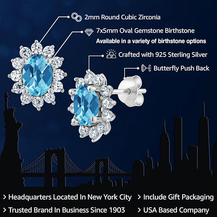 Gem Stone King 7X5MM Oval Gemstone Birthstone Stud Earrings For Women | Princess Diana Royal Halo Style | 925 Sterling Silver | Fine Jewelry Gifts for Anniversary Wedding Her Mom Women Wife