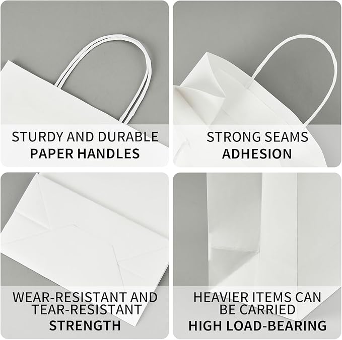 METAPRINT Kraft Paper Gift Bags with Handles in Bulk, 100pcs White Paper Bags 8x4.5x10.8 inch, Recyclable Shopping Bags for Retail, Grocery, Party Favors, Wedding