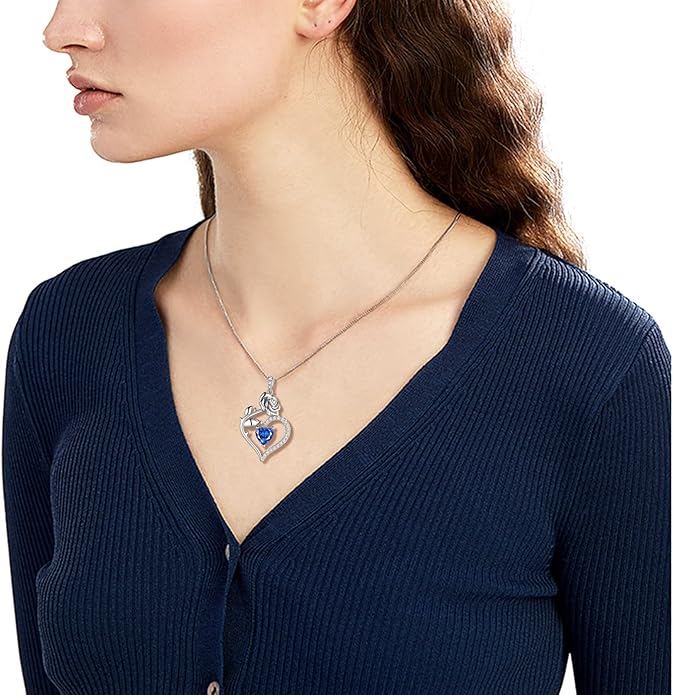 Jewmon Valentine Day Gifts for Her Rose Heart Birthstone Necklace for Women 925 Sterling Silver Birth Stone Flower Rose Necklace Anniversary Love GIfts for Girlfriend Wife Mom Birthday Gifts for Her